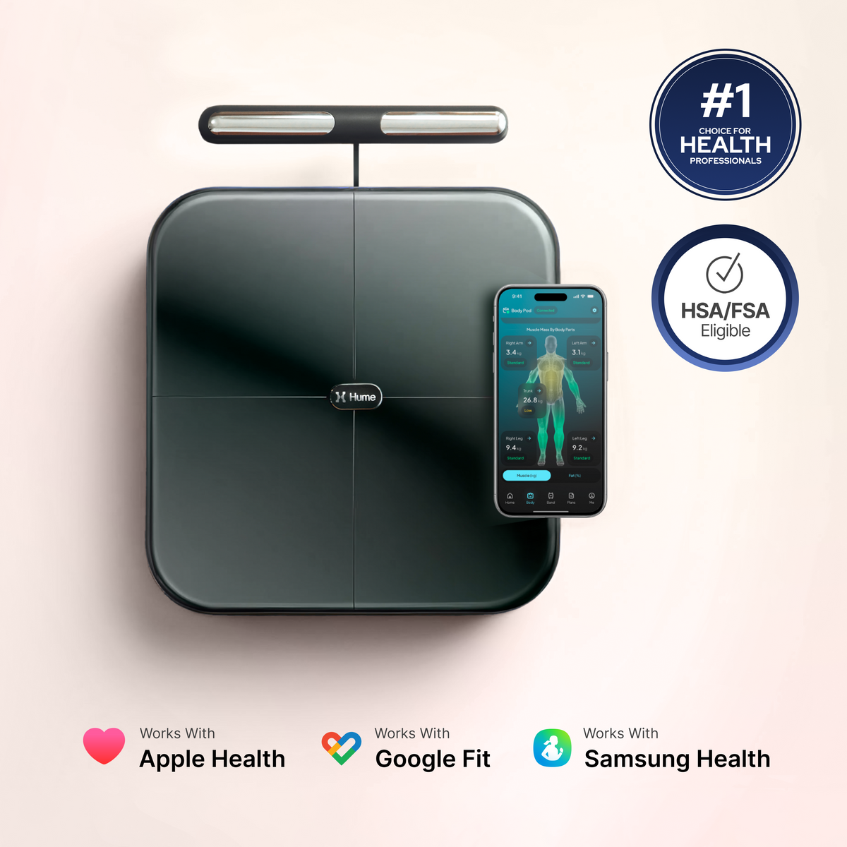 Smart weight scale with smartphone app on a light background