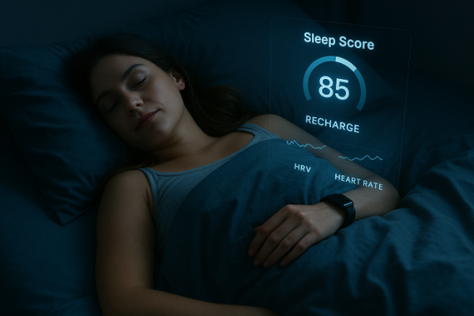 Woman sleeping wearing Hume Band with sleep score metric graphics