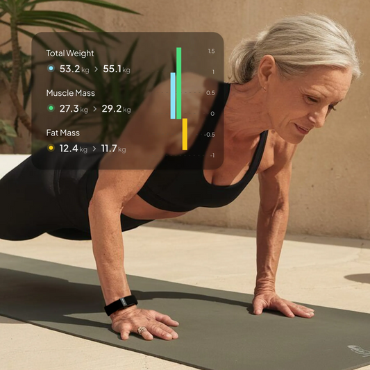 older woman working out with Hume Health Body Pod stats as graphics