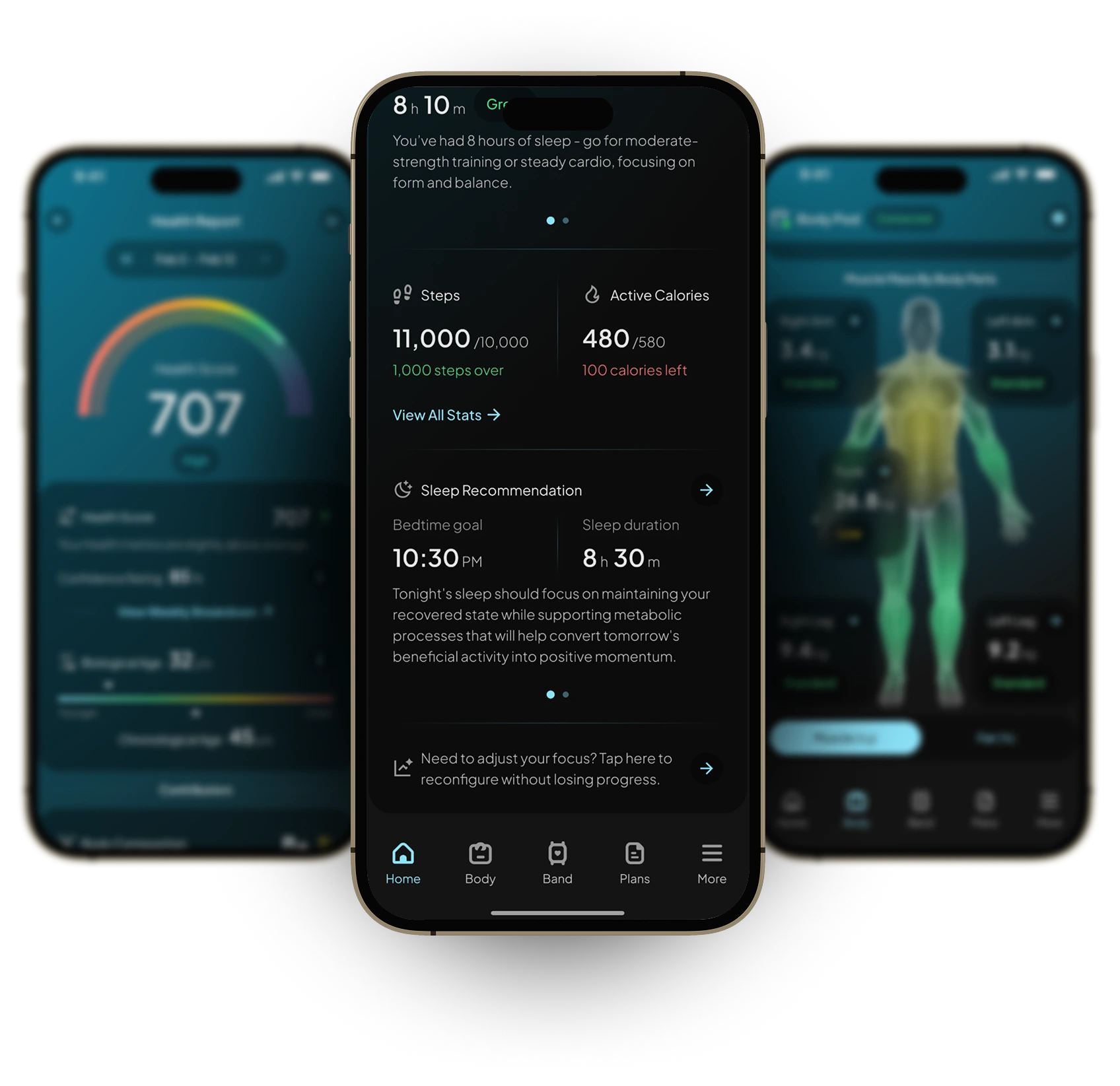 Three smartphone screens displaying a health and fitness app with various metrics.
