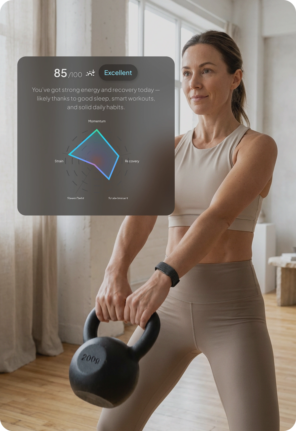 Official Hume Health app interface showing a recovery score of 85