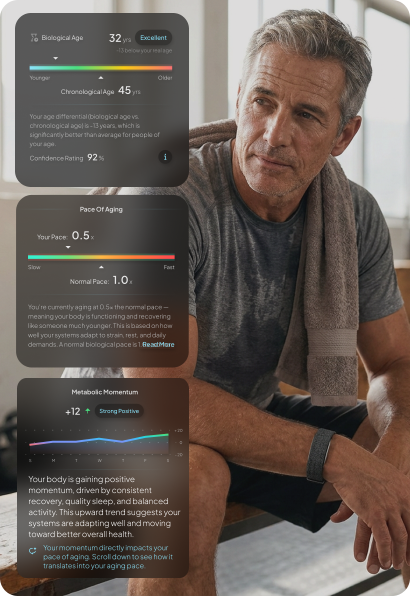 Official Hume Health app interface showing biological age tracking