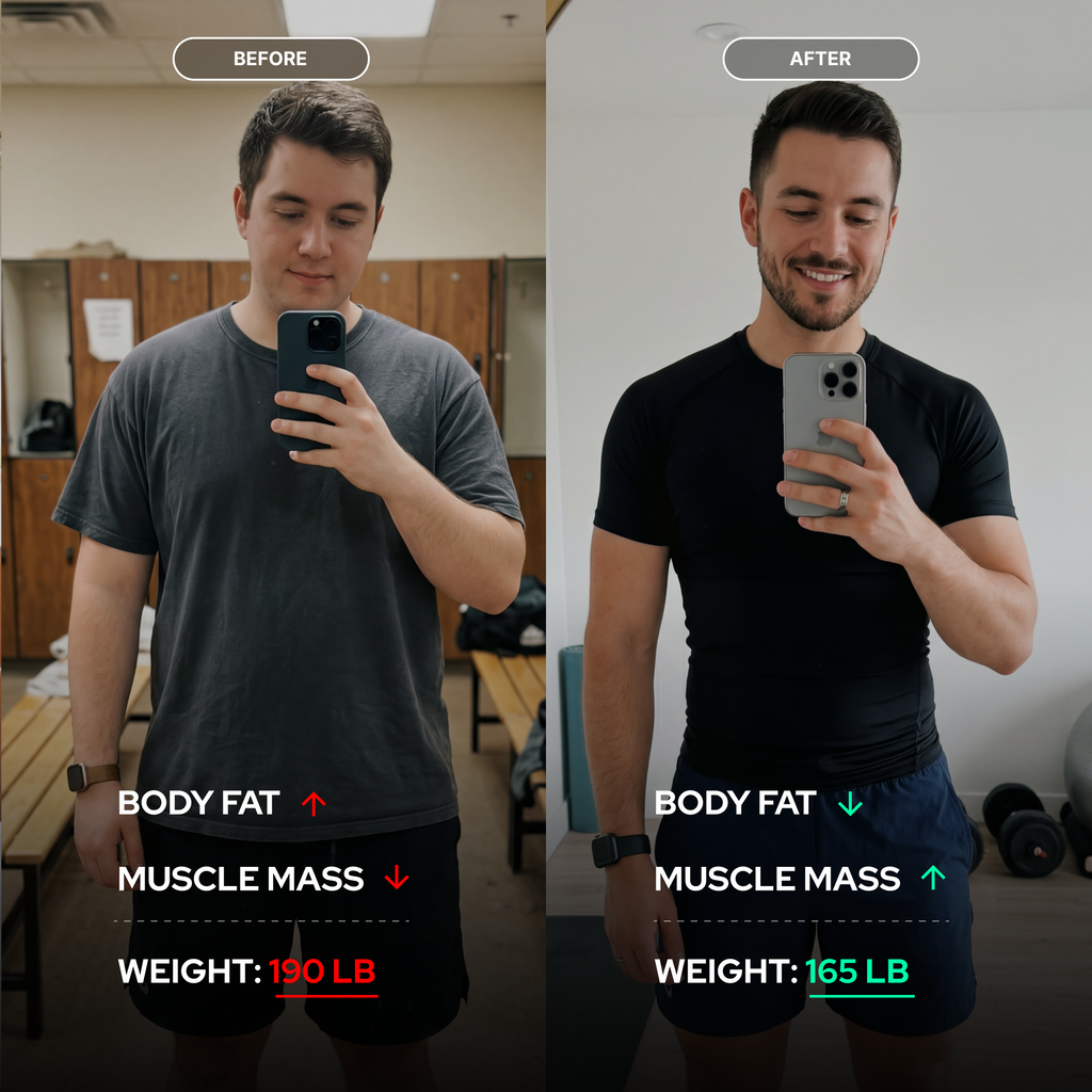Before and after comparison of a person's body metrics using smartphone photos.