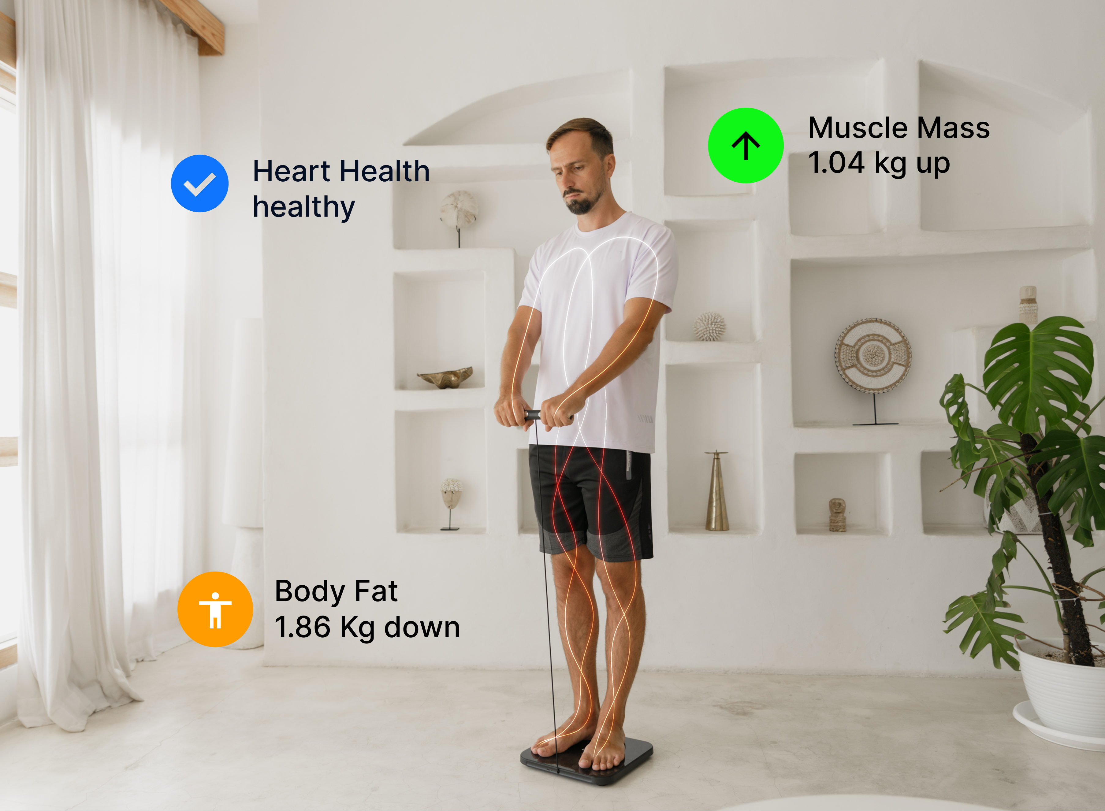 Man standing on a smart body composition scale with handheld sensors at home, showing metrics like heart health status, muscle mass increase, and body fat reduction.