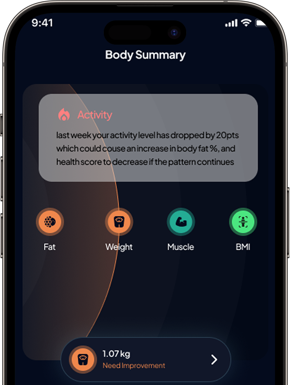 Smartphone displaying Hume health app body summary screen with activity insights, highlighting changes in fat, weight, muscle, and BMI along with recommendations for improvement.