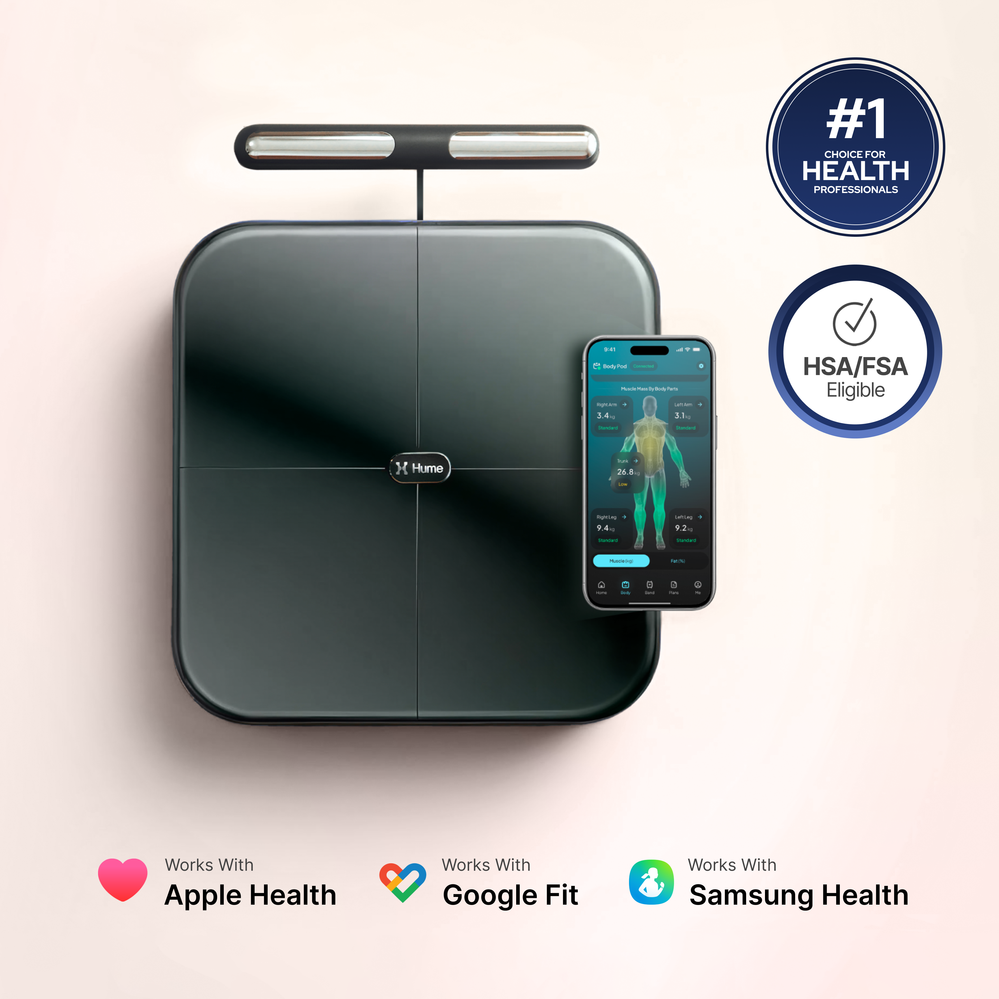 Smart weight scale with smartphone app on a light background