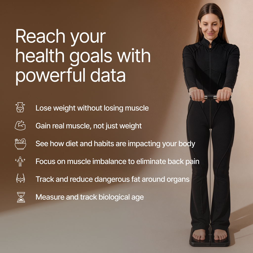 Woman using a fitness device with text about health goals and data tracking on a brown background