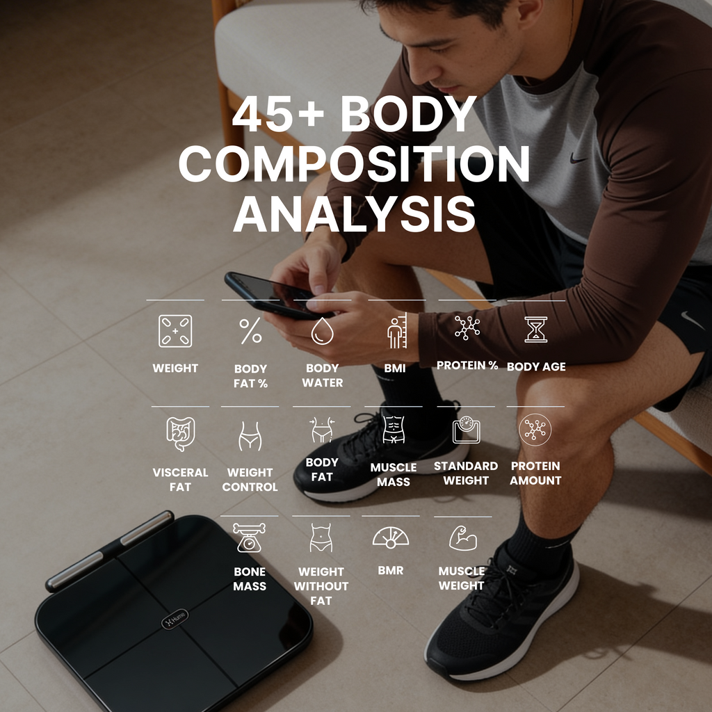 Person using a smartphone with body composition analysis graphics overlay