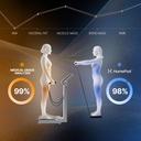 HumePod medical grade analyzer with human figures and health metrics on a dark background