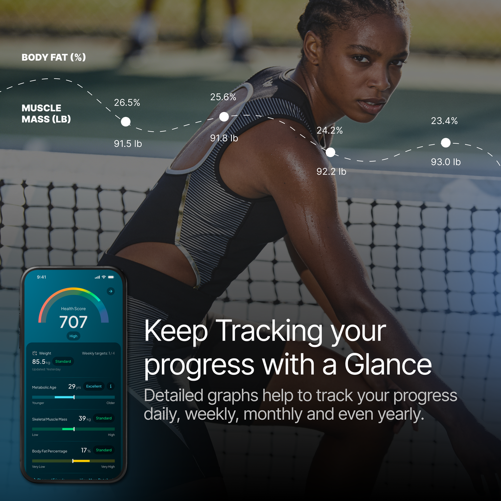 Woman on a tennis court with fitness tracking app on screen