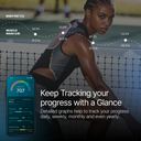 Woman on a tennis court with fitness tracking app on screen