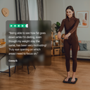 Woman in a brown jumpsuit standing in a living room with a quote overlay.