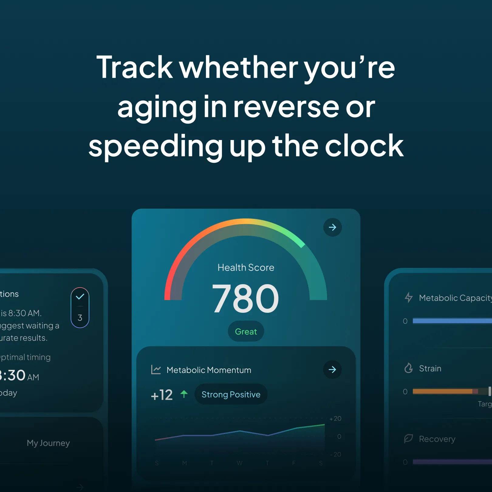 Health monitoring app interface with a health score of 780 on a dark background