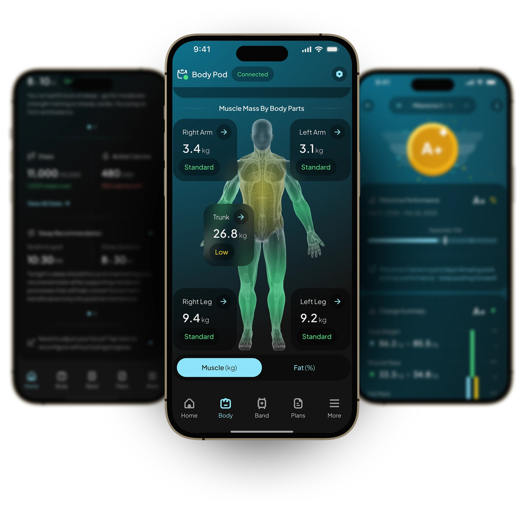 Smartphone displaying a health and fitness app with body mass measurement features.