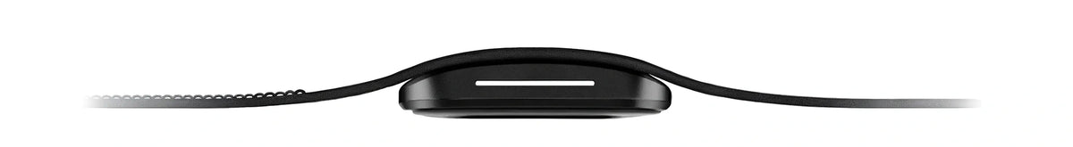 Side profile view of a hume band 2.0 with a curved display and a thin black strap, centered on a light gray background. The watch face appears ultra-thin with a minimalist design and a narrow horizontal white indicator on the screen.