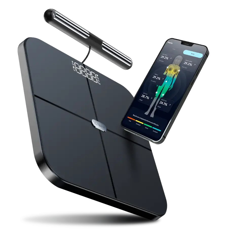 A Body Pod smart scale with its connected hand grip sensor, shown alongside a smartphone displaying an app interface with a color-coded full-body diagram and body composition percentages