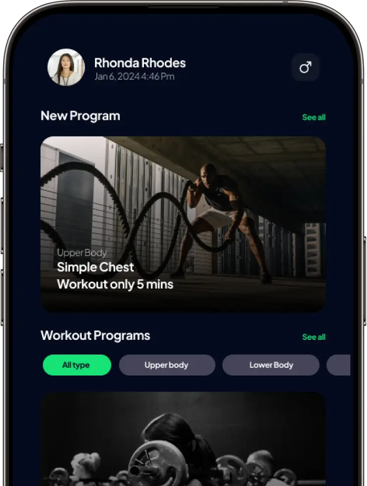 Smartphone displaying Hume fitness app with personalized workout programs, featuring a simple chest workout and categorized training options like upper body and lower body.