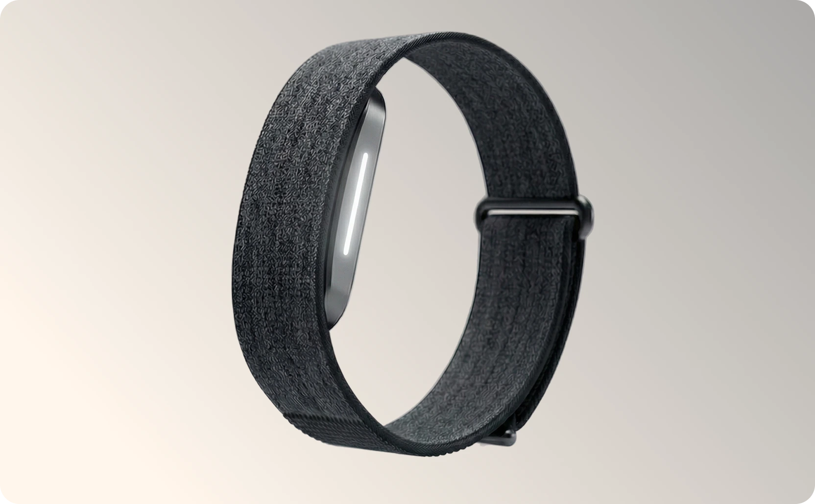 Fitness tracker band 2.0 with woven charcoal grey fabric strap and metal buckle clasp, shown on white background