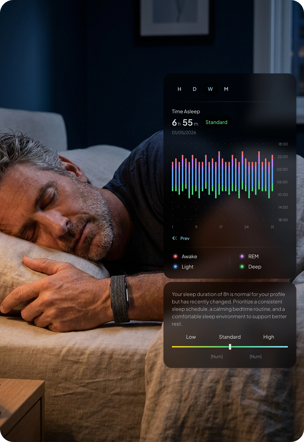 Official Hume Band sleep tracking photography, person sleeping while wearing the band