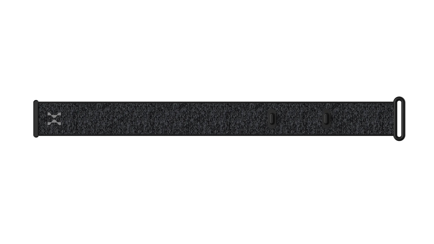 HumeWeave charcoal woven band for Hume Band 2.0 — front view with sensor cutouts and loop closure