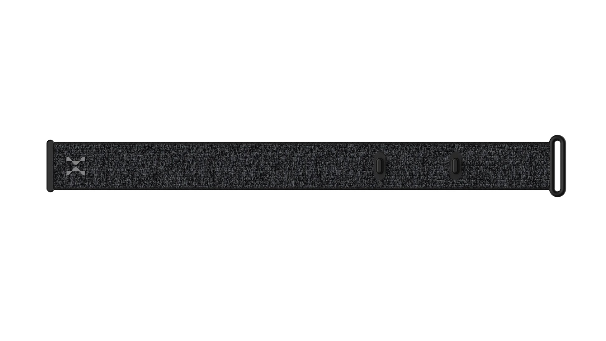 HumeWeave charcoal woven band for Hume Band 2.0 — front view with sensor cutouts and loop closure