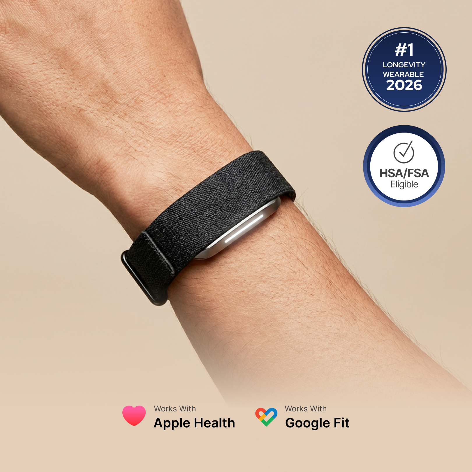 Image showing a person wearing a Band 2.0 fitness tracker on their wrist, with badges highlighting '#1 Longevity Wearable 2026' and 'HSA/FSA Eligible.' Below, icons indicate compatibility with Apple Health and Google Fit.