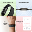 Four-panel image showcasing Band 2.0 features: top left shows the device with text '14 Day Battery Life,' top right shows a close-up of the sensor with 'Improved Accuracy,' bottom left shows the band worn on a wrist with 'Ultra Comfort Strap,' and bottom right displays a heart rate  dashboard with 'cardiovascular insights .
