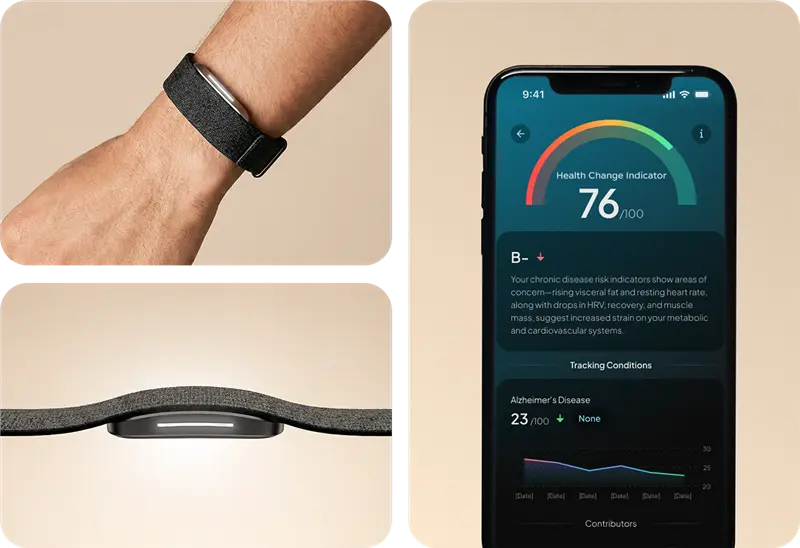 Three-panel product image featuring a hume band 2.0 worn on a wrist, a side profile view of the device, and a smartphone app displaying a chronic illness score of 76/100 with risk indicators and long-term health tracking insights.