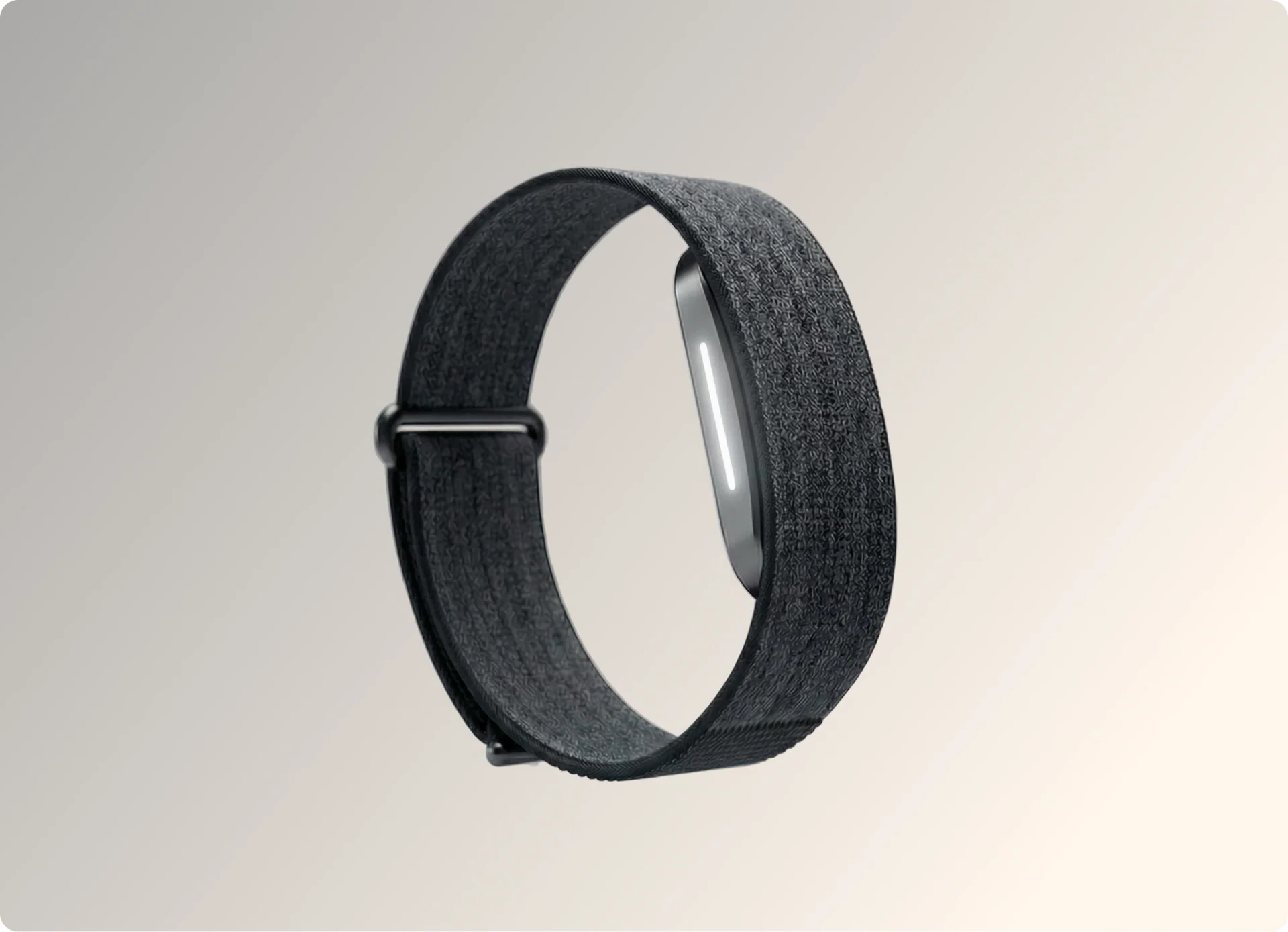 Fitness tracker band 2.0 with woven charcoal grey fabric strap and metal buckle clasp, shown on white background