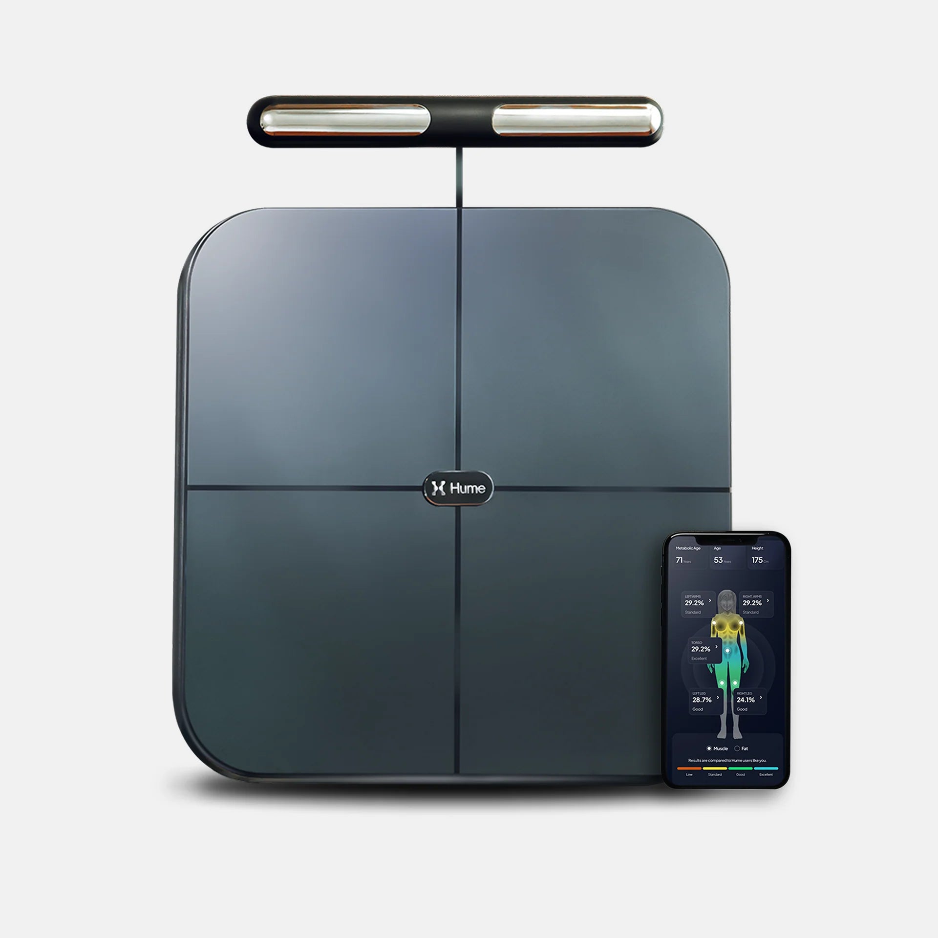 Hume Body Pod with Hume app on smartphone