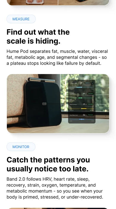 Hume Pod scale with detailed body composition app screen