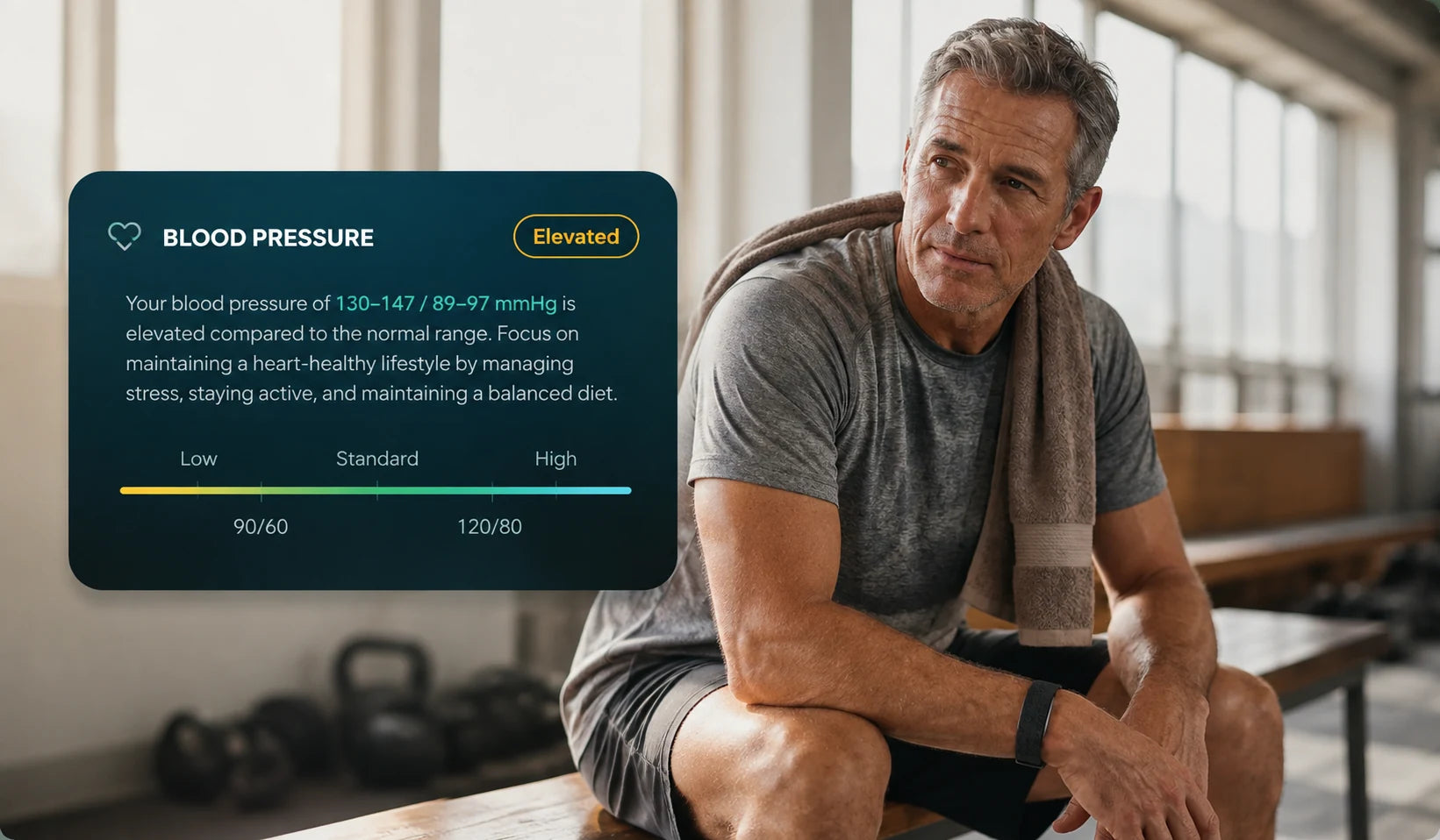 Man wearing Hume Band 2.0 beside a Hume app blood pressure insight showing an elevated blood pressure range
